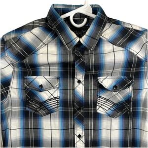 Chalc Men's Large Plaid Western Button Up Long Sleeve Blue Black White Cowboy